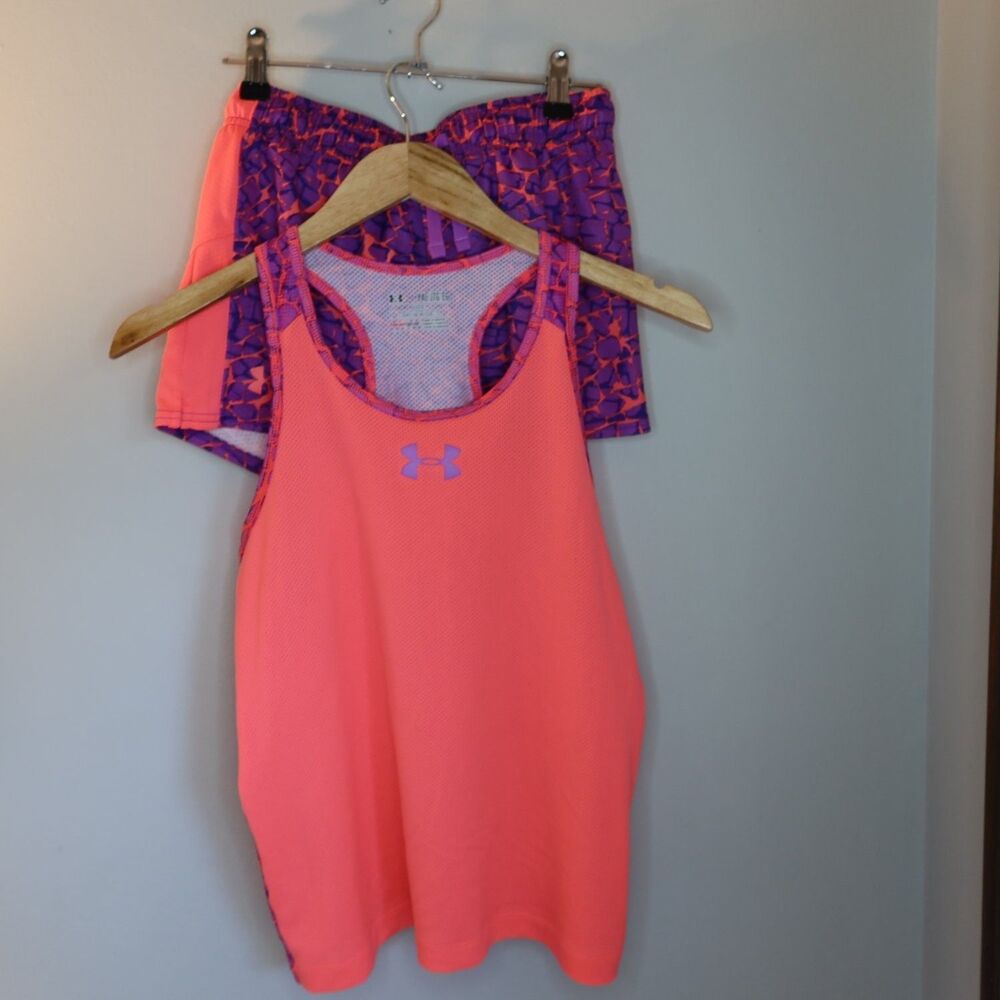Under Armour Girls Athletic Shorts Tank Top Outfit Set Heatgear XL Pink